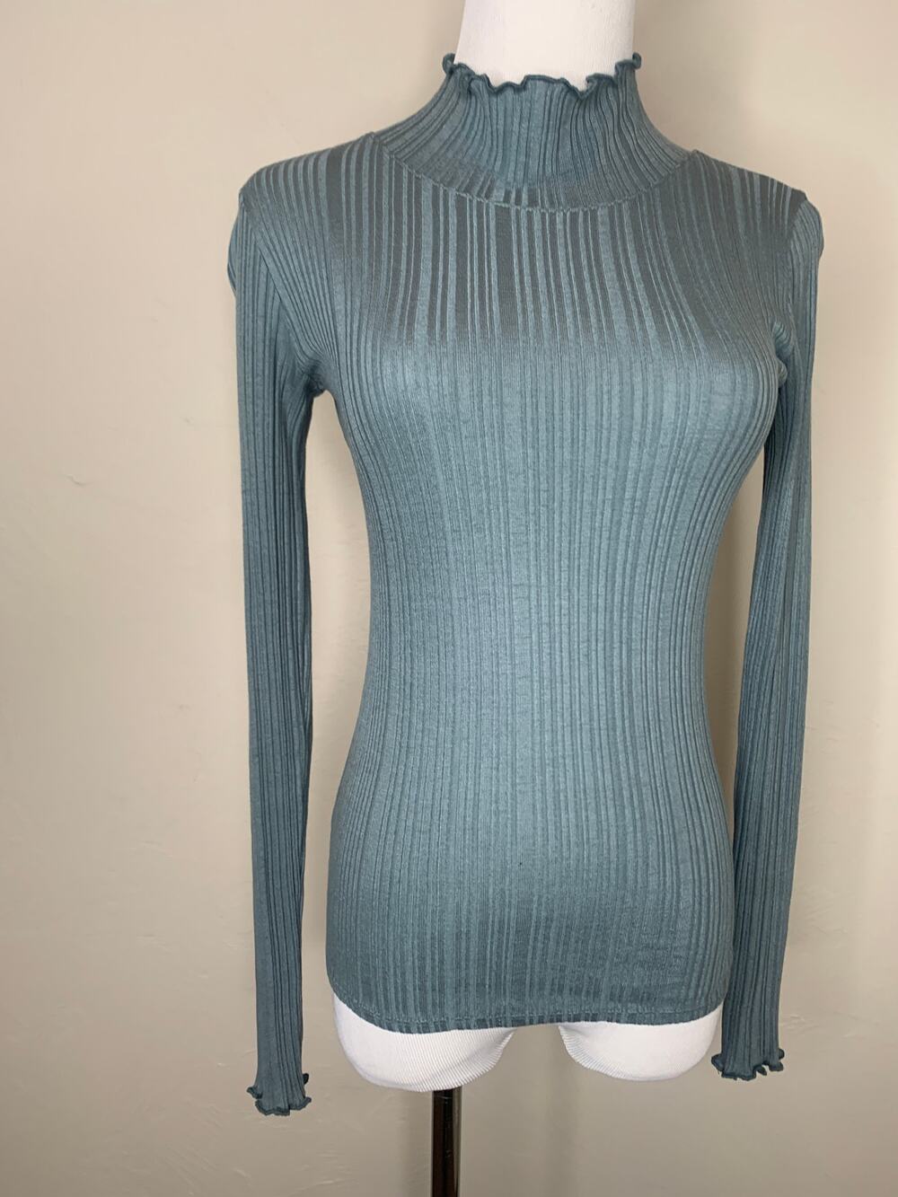 Everlane Fitted Mock Neck Top Lettuce Edge Sz Small Blue Green Tone - Picture 1 of 8